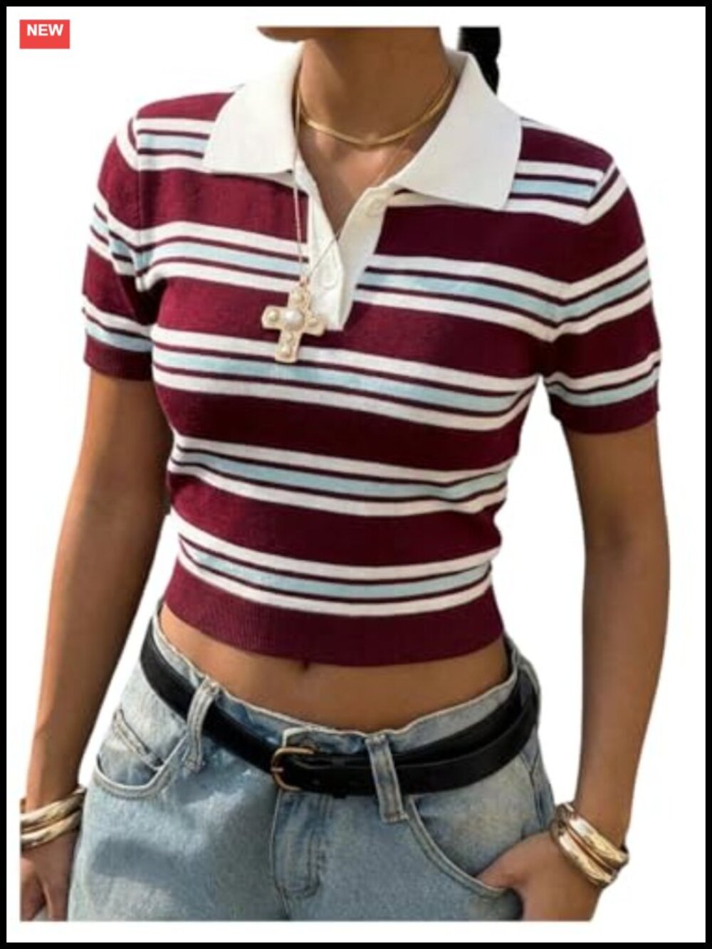 Striped Rugby Knit Top Collared Cropped Short Sleeve Sweater